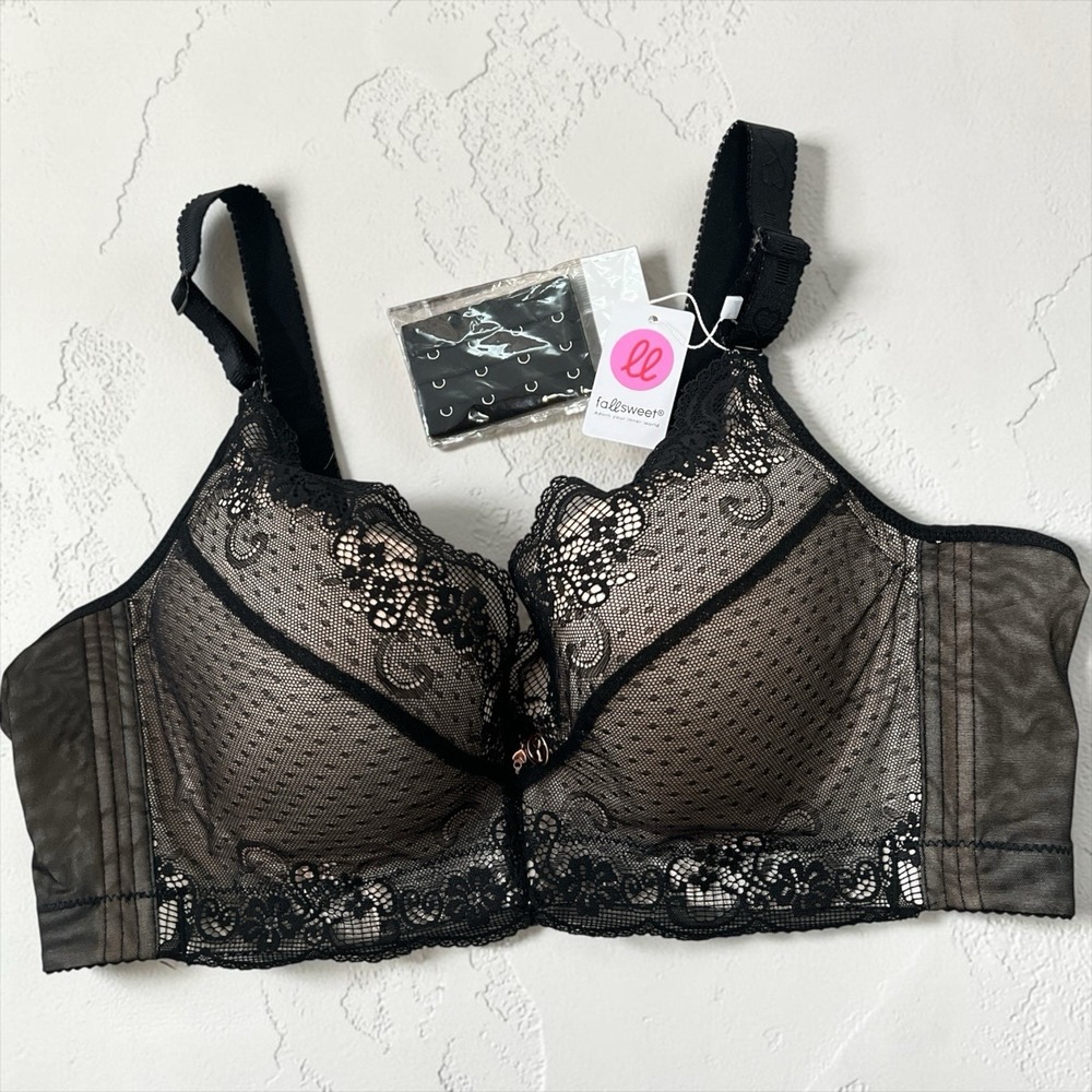 Fallsweet Black Lace Mesh Bra 44D Wireless Full Coverage‎ Bralette NWT